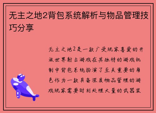 无主之地2背包系统解析与物品管理技巧分享