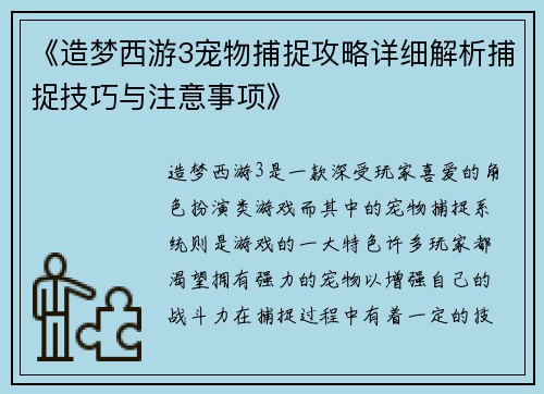 《造梦西游3宠物捕捉攻略详细解析捕捉技巧与注意事项》